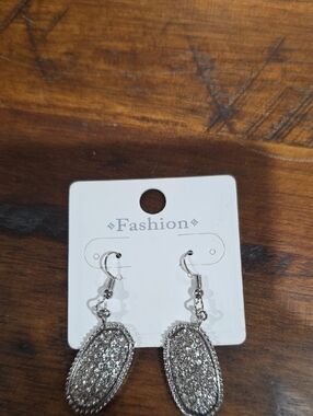 Silver Crystal Oval Drop Earrings